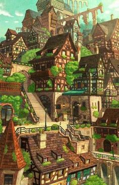 an illustration of a town with lots of buildings and trees on the top of it