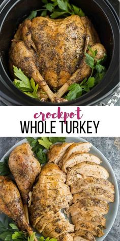 two pictures showing how to cook whole turkey in the slow cooker