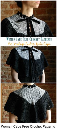 three different pictures of the back of a woman's cape with crochet patterns