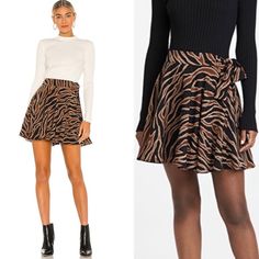 Bb Dakota Swing Of Things Mini Skirt In Black And Brown This Flouncy Mini Skirt From Bb Dakota, Features A Faux-Wrap Look With Allover Tiger-Print Motif That Perfectly Pairs With Everything From Sandals To Boots To Sneakers. Lightweight, Non-Stretch Fabric Tiger Stripe Pattern Tie Closure And Hidden Zip At Side Lined Nwt - New With Tags, Never Worn Size Small Lined Mini Wrap Skirt For Fall, Chic Mini Wrap Skirt For Fall, Fitted Flared Wrap Skirt For Fall, Flowy Skort For Fall, Flowy Skirted Skort For Fall, Casual Wrap Skirt For Fall, Chic Flared Wrap Skirt For Fall, Trendy Fall Skort, Flared Skort For Fall Day Out