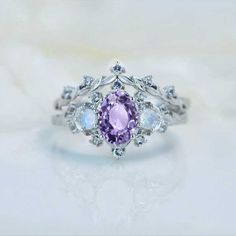 clio-https://clio.giliarto.com/ring/1/766-7x5 Purple Engagement Ring Silver, Purple Rings Engagement, Lavender Engagement Ring, Gold Floral Engagement Ring, Purple Wedding Rings, Purple Engagement Rings, Pretty Engagement Rings, Floral Engagement Ring, Purple Rings