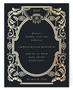 a black and gold wedding card with an ornate frame