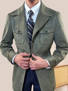 Men's Cowboy Slim Fit Suede Jacket
Features：

 	Product ID:SJ0011
 	Material:Polyester,Spandex
 	Season:Spring,Summer,Autumn,Winter
 	Color:Light Brown,Army Green,Black

Size Chat： Green Suede Jacket Outfit Men, Men’s Suede Jacket Outfit, Suede Button-up Outerwear With Buttons, Green Suede Jacket, Suede Jacket Men, Spring Single-breasted Suede Outerwear, Suede Blazer, Men Suede, Mens Cowboy