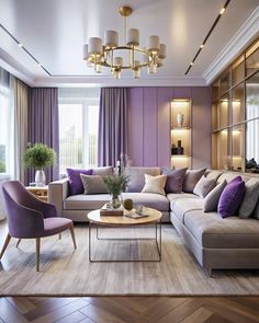 a living room filled with furniture and purple walls