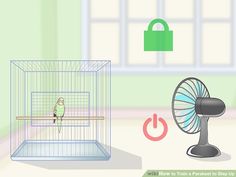 a bird sits in a cage next to a fan