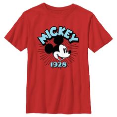 a red mickey mouse t - shirt with the words mickey on it