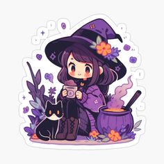 a little witch with her cat and caulder