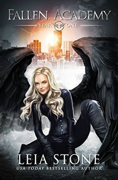 the cover to fallen academy year one, featuring an angel sitting in front of a city