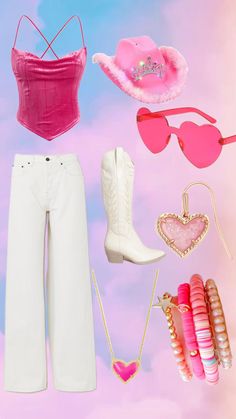 the contents of a barbie doll's outfit including boots, sunglasses and necklaces