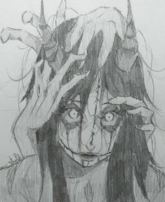 a pencil drawing of a girl with horns on her head and an evil face in the background