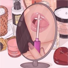 a woman's face is reflected in a mirror with cosmetics on the table behind her