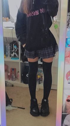 Kawaii Thigh High Socks Outfit, Thigh High Socks And Leg Warmers, Tall Black Socks Outfit, Skirt And Thigh Highs Outfit, Egirl Thigh Highs, Thigh High Socks And Sneakers, Winter Thigh High Socks Outfit, Styling Buffalo Shoes, Cute Outfits With Long Socks