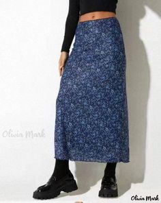 Olivia Mark - Blue Floral Midi Skirt with High Waist Cheap Evening Gowns, Simple Evening Dress, Empire Pattern, Skirt Print, Knit Swimwear, Y2k Skirts, Rompers Womens Jumpsuit, Girls Skirt, Women Bodycon Dress