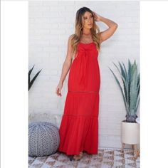 Beautiful Red Maxi Dress With Tie Front Detail, Adjustable Straps, Textured Material. Zipper Closure In The Back. Chic Red Sundress For Brunch, Chic Red Maxi Dress For Holiday, Red Maxi Sundress For Day Out, Red Sundress Maxi Dress For Day Out, Red Maxi Dress For Brunch, Casual Red Maxi Dress For Brunch, Red Sundress Maxi Dress For Vacation, Red Sundress Maxi Dress For Holiday, Red Sleeveless Maxi Dress For Brunch