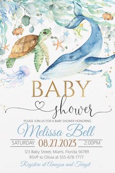 a baby shower is shown with an image of a whale and turtle on it's back