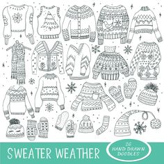 sweaters and mittens are drawn in the style of hand drawn doodles