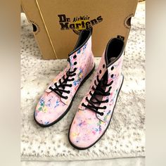 Dr. Martens, 8, 10, Confetti, New With Tags, And Suede. Rainbow Hues Splash Over A Soft Suede Sneaker-Boot Cushioned By Doc Marten's Signaure Airwair Bouncing Footbed And Supported By A Grippy Sole. 1 1/2" Heel; 1 3/4" Platform Leather Upper/Synthetic Lining And Sole Casual Pink Flat Heel Boots, Pink Lace-up Boots For Summer, Pink High Ankle Summer Boots, Pink High Ankle Boots For Summer, Pink Ankle Boots For Summer, Summer Pink Ankle Boots, Fitted Pink Boots With Round Toe, Pink High Ankle Boots For Spring, Pink Round Toe Boots For Summer