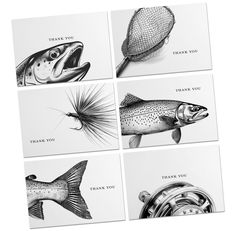 four cards with different types of fish and fishing lures on them, all in black and white