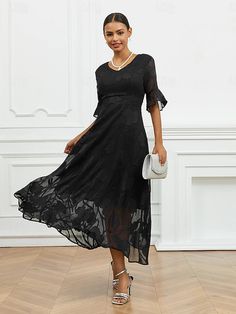 Mulheres Vestido A Line Vestido Longo Renda Frufru Convidado do casamento Coquetel Elegante Formal Decote V Meia Manga Mangas Evasê Preto Vermelho Verde Cor de 2024 por $41.99