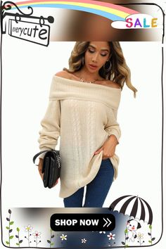 Autumn and Winter New Solid Color Word Neck Sweater Women's Temperament Commuter Knitted Sweater Jumper Cream Knitted Sweater Dress For Fall, Cream Acrylic Sweater For Fall, Cream Sweater For Fall, Winter Cream Knit Top, Cream Knitted Acrylic Sweater, Cream Long Sleeve Knit Top, Sweater Women's, Sweater Jumper, Jumper Sweater