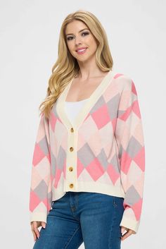 Trendy Pink V-neck Outerwear, Pink V-neck Trendy Outerwear, Long Sleeve Argyle Cardigan, Long Sleeve Argyle Pattern Cardigan, Pattern Cardigan, Knitwear Sweater, Patterned Cardigans, Cooler Weather, Fall 2023