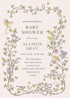 a baby shower is shown with flowers and birds in the frame, on white paper