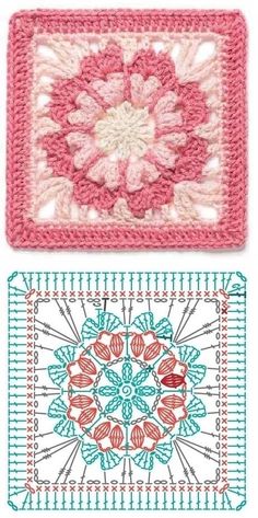 two crocheted squares with different designs on each side and one has a flower in the middle