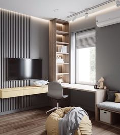 a living room with grey walls and wooden flooring