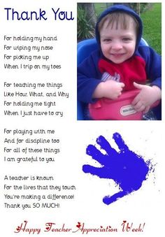 a child's hand is shown with the words thank you and an image of a blue hand