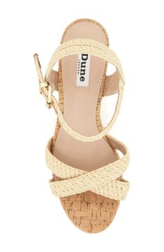 Woven straps and a cork wedge give beach-ready style to this sandal. 3 1/2" heel Adjustable ankle strap with buckle closure; hidden elastic inset Synthetic upper, lining and sole Imported Natural Color Wedge Heel Sandals With Heel Strap, Cork Platform Sandals For Summer, Summer Platform Cork Sandals, Summer Cork Platform Sandals, High Heel Cork Sandals For Spring, Summer Natural Heels With Cork-bed Midsoles, Spring High Heel Cork Sandals, Natural Heels With Cork-bed Midsoles For Summer, Natural Cork-bed Heeled Sandals For Summer