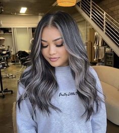 Brunette Hair Grey Highlights, Silver Highlights For Dark Brown Hair, Ash Lowlights On Black Hair, Hair Color Ideas For Women In 30s, Brown Hair Going Grey Highlights, Subtle Grey Highlights On Dark Hair, Ashy Brunette Highlights, Ash Blonde Balayage Medium Length, Ash Grey Highlights On Dark Hair