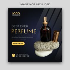 a flyer for a perfume store with an image of rocks and bottles on top of it