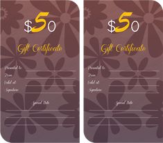 two gift cards with the words $ 50 and an image of a flower pattern on them