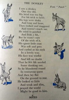 the donkey poem is written in black and white with pictures of different animals on it