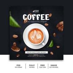 a coffee flyer is shown on a dark background with nuts and leaves around it, as well as an image of a cappuccinoise