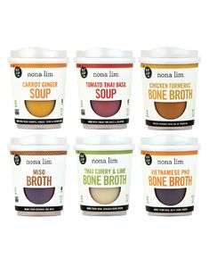 six tubs of bone broth soup are shown in this image with the same label