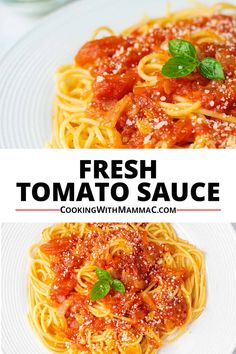 fresh tomato sauce on top of spaghetti with basil