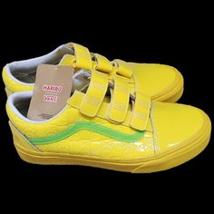 Vans Off The Wall Haribo Gummy Bear Yellow Old Skool Shoes Special Limited Edition Unisex. Size 5 Usa Men 6.5 Usa Women Bright Yellow Shoes With Green, Orange, Tan And Red Side Stripes Gummy Bears Images All Over It Cool And Unique Design Sparkle Material Make It More Unique Fashionable Statement To Your Fabulous Look Haribo Gummy Bears, Vans Old Skool Low, Vans Yellow, Old School Vans, Checkered Vans, Usa Women, Hightop Sneakers, Vans Style, Swim Shoes