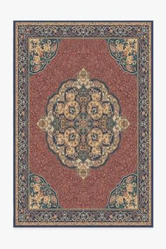 a red and blue rug with an ornate design on the bottom, surrounded by flowers