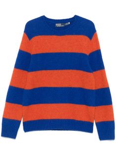 royal blue/carrot orange knitted construction horizontal stripe pattern crew neck long sleeves ribbed cuffs and hem unlined Blue Carrot, Ralph Lauren Sport, Ralph Lauren Sweaters, Balenciaga Triple S, Knitwear Men, Ralph Lauren Sweater, Sweaters Knitwear, Mens Activewear, Striped Sweater