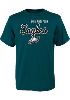 Philadelphia Eagles Youth Midnight Green Big Game Short Sleeve T-Shirt - Image 1 Casual Moisture-wicking T-shirt For Game Day, Cotton Moisture-wicking Top For Football Season, Cotton T-shirt For Football Season Sports, Cotton T-shirt For Football Season, Green Sporty T-shirt For Fan Gear, Sporty Green Tops For Fan Gear, Green Collegiate Sports T-shirt, Varsity Team Logo Jersey T-shirt, Green Collegiate T-shirt For Sports