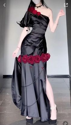 Idea For Dress Design, Chinese Dress Aesthetic, Hollywood Aesthetic Outfits, Dress Ideas Aesthetic, Rose Inspired Outfits, Red Carpet Dresses Ideas, Dress Art Reference, Cute Dress Designs, Asymmetrical Dress Formal