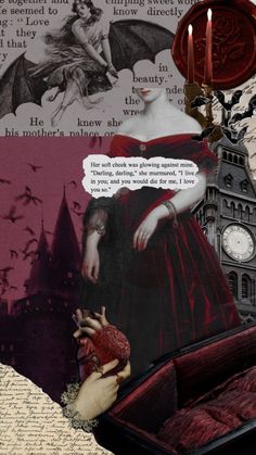 an altered photograph of a woman in a red dress with a clock tower behind her