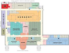 the hospital floor plan for surgery and emergency services, with different areas labeled in red