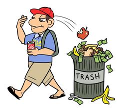 a man walking past a trash can filled with money and an apple flying out of it