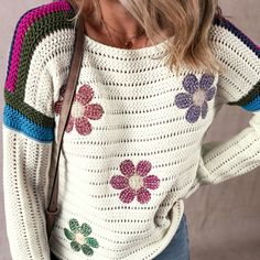 60% Cotton + 40% Acrylic Small = 4-6 Medium = 8-10 Large = 12-14 X-Large = 16-18 White Daisy Flower, Pointelle Knit, White Daisy, Daisy Flower, Colorful Sweaters, Knit Sweater, Knitted Sweaters, Daisy, Color White