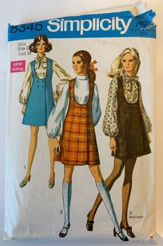 Simplicity 8345 1969 Misses' Jumper in Two Lengths and Blouse Size 12, Bust 34 - please reference the photos for measurements ❤︎ pattern has been used - all pieces are accounted for ❤︎ cover in satisfactory vintage condition - name written on the front and tears on corners, pattern pieces fine ❤︎ from a smoke free environment   Please check out my other craft and sewing patterns here:  ➨ https://etsy.me/3XoZaBd Thanks for looking! --- 𝐒𝐨𝐫𝐫𝐲, 𝐧𝐨 𝐫𝐞𝐭𝐮𝐫𝐧𝐬 𝐨𝐫 𝐞𝐱𝐜𝐡𝐚𝐧𝐠𝐞𝐬 𝐨𝐧 Simplicity Patterns Vintage, Double Breasted Dress, Rolled Collar, Blouse Pattern Sewing, Simplicity Sewing Patterns, Fashion Sewing Pattern, Sewing Pattern Sizes, Simplicity Patterns, 60s Fashion