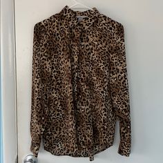 Us Size 4 Never Worn Fall H&m Blouse With Button Closure, H&m Fall Blouse With Button Closure, Leopard Print Button-up Top For Work, H&m Brown Long Sleeve Tops, H&m Collared Blouse For Fall, Button Up, H&m, Button Down Shirt, Black And Brown