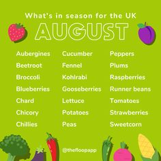 a green poster with fruits and vegetables on it that says what's in season for the uk august