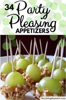 green grapes are arranged on skewers with toothpicks in them and the words, 34 party pleasing appetizers